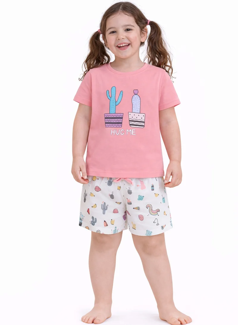 Girls Cactus Print Cotton Pajama Set – T-Shirt & Shorts Nightwear